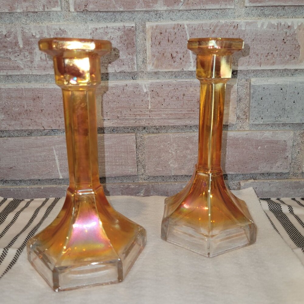 Iridescent Amber Glass Candlestick Holders - Pair - Picture 2 of 9